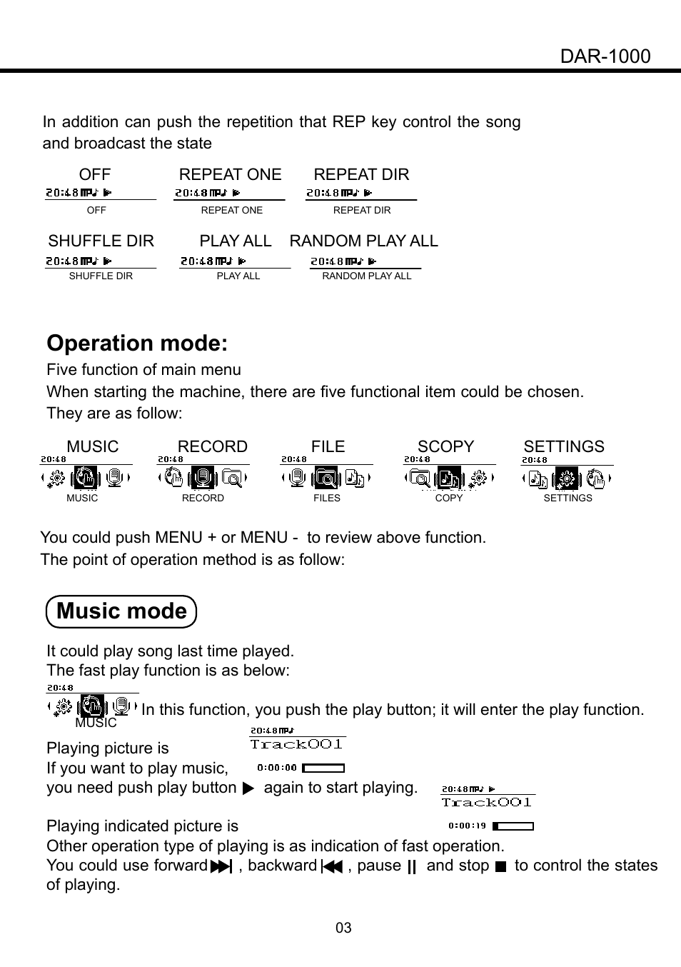 Operation mode, Music mode, Dar-1000 | SENRUN DAR-1000 User Manual | Page 4 / 10