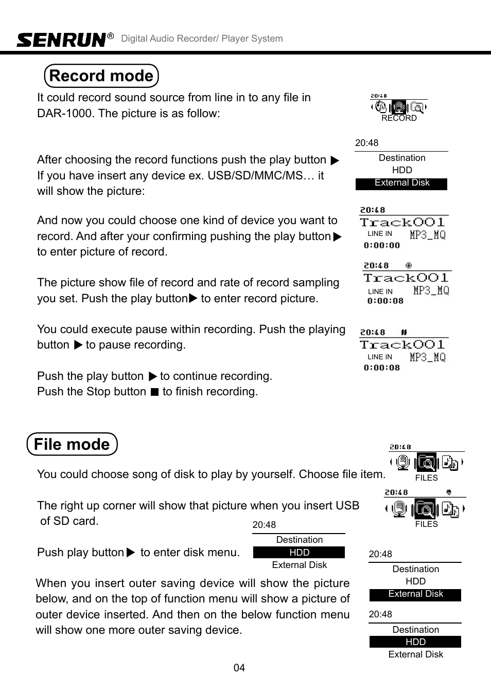 Record mode, File mode | SENRUN DAR-1000 User Manual | Page 5 / 10