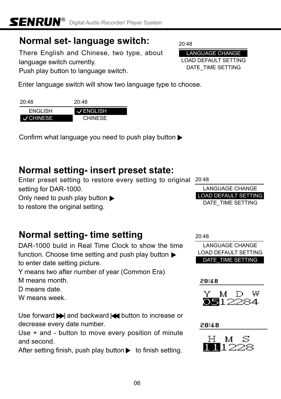 Normal setting- insert preset state, Normal setting- time setting, Normal set- language switch | SENRUN DAR-1000 User Manual | Page 7 / 10