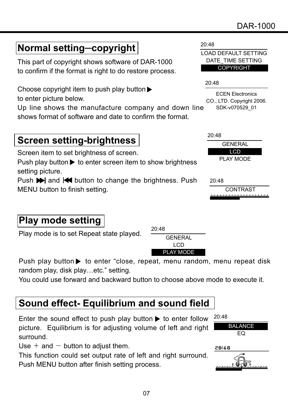 Play mode setting, Sound effect- equilibrium and sound field, Normal setting─copyright screen setting-brightness | Dar-1000 | SENRUN DAR-1000 User Manual | Page 8 / 10