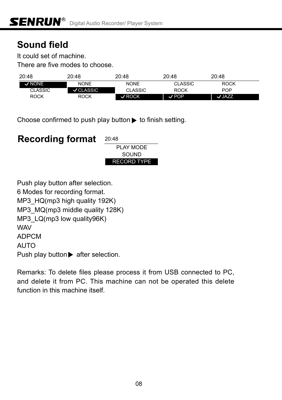 Sound field, Recording format | SENRUN DAR-1000 User Manual | Page 9 / 10