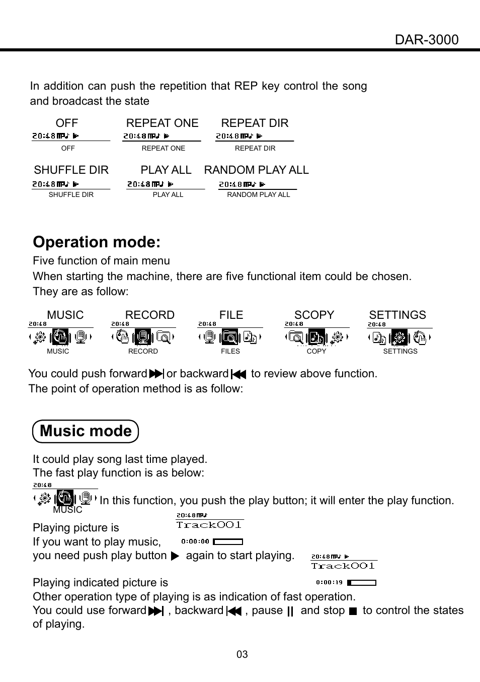 Operation mode, Music mode, Dar-3000 | SENRUN DAR-3000 User Manual | Page 4 / 10