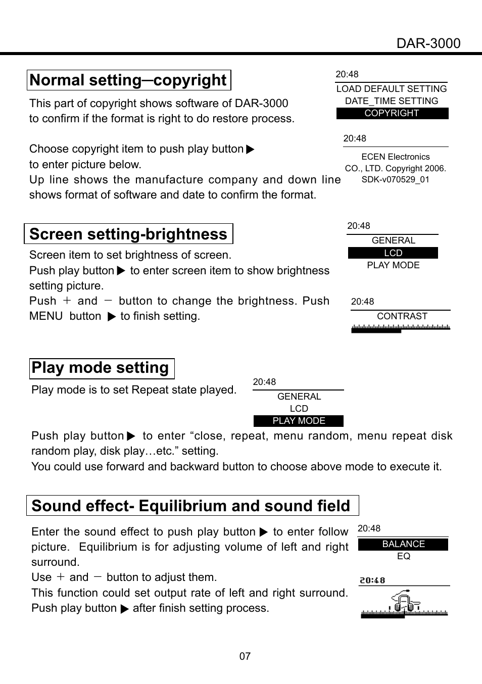 Play mode setting, Sound effect- equilibrium and sound field, Normal setting─copyright screen setting-brightness | Dar-3000 | SENRUN DAR-3000 User Manual | Page 8 / 10