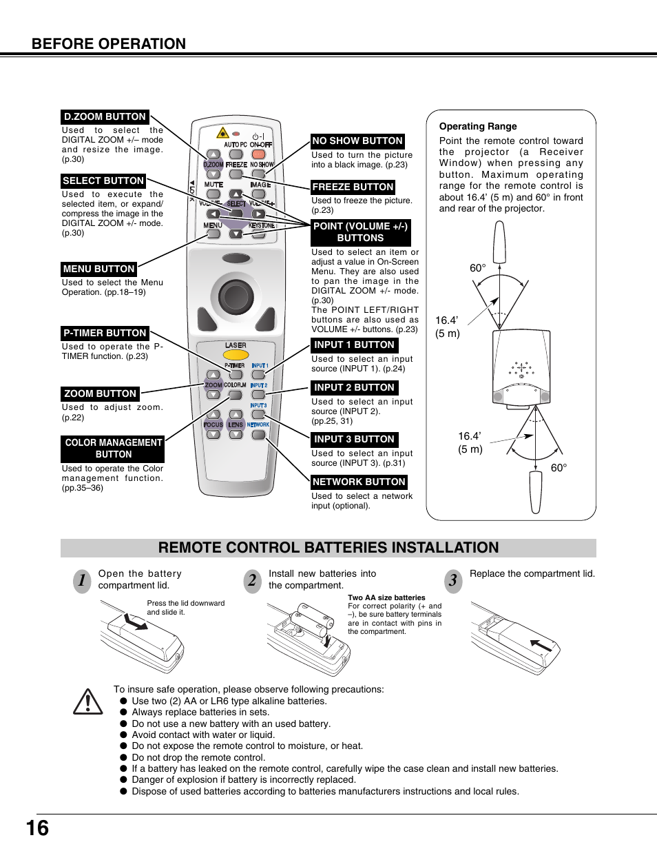 Remote control batteries installation, Before operation | Christie Digital Systems 103-008100-01 User Manual | Page 16 / 62