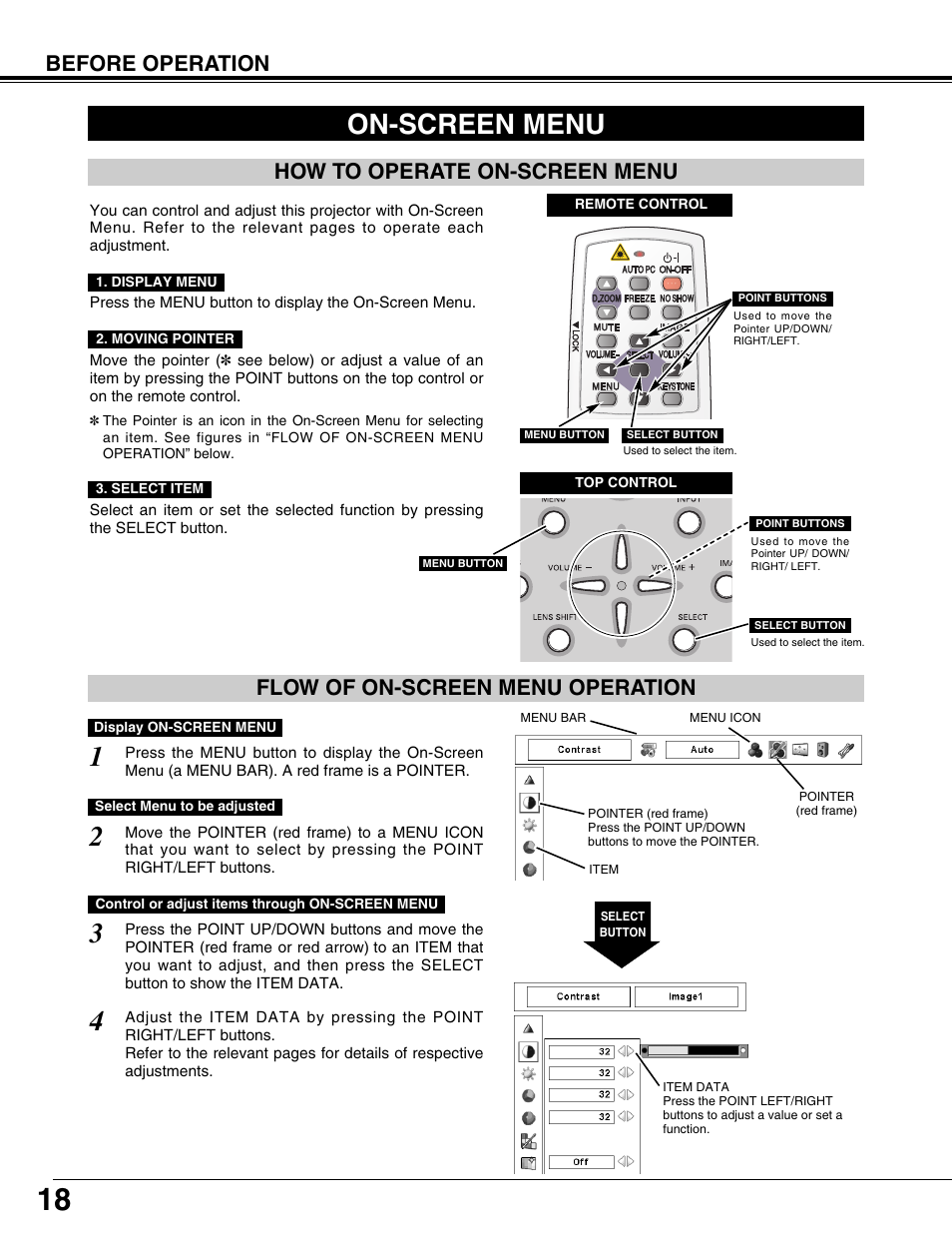 On-screen menu, How to operate on-screen menu, Flow of on-screen menu operation | Before operation how to operate on-screen menu | Christie Digital Systems 103-008100-01 User Manual | Page 18 / 62
