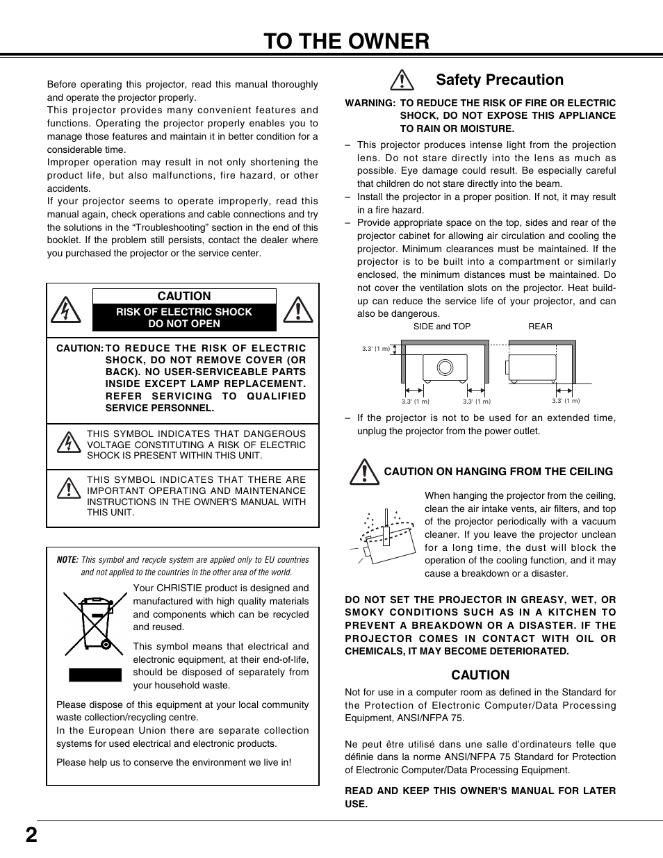 To the owner, Safety precaution, Caution | Christie Digital Systems 103-008100-01 User Manual | Page 2 / 62