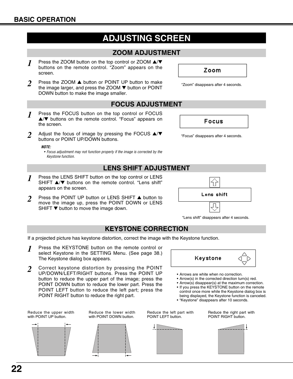 Adjusting screen, Zoom adjustment, Focus adjustment | Lens shift adjustment, Keystone correction, Basic operation, Zoom adjustment focus adjustment | Christie Digital Systems 103-008100-01 User Manual | Page 22 / 62