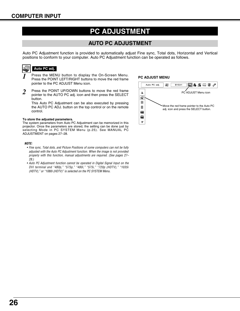 Pc adjustment, Auto pc adjustment, Computer input | Christie Digital Systems 103-008100-01 User Manual | Page 26 / 62