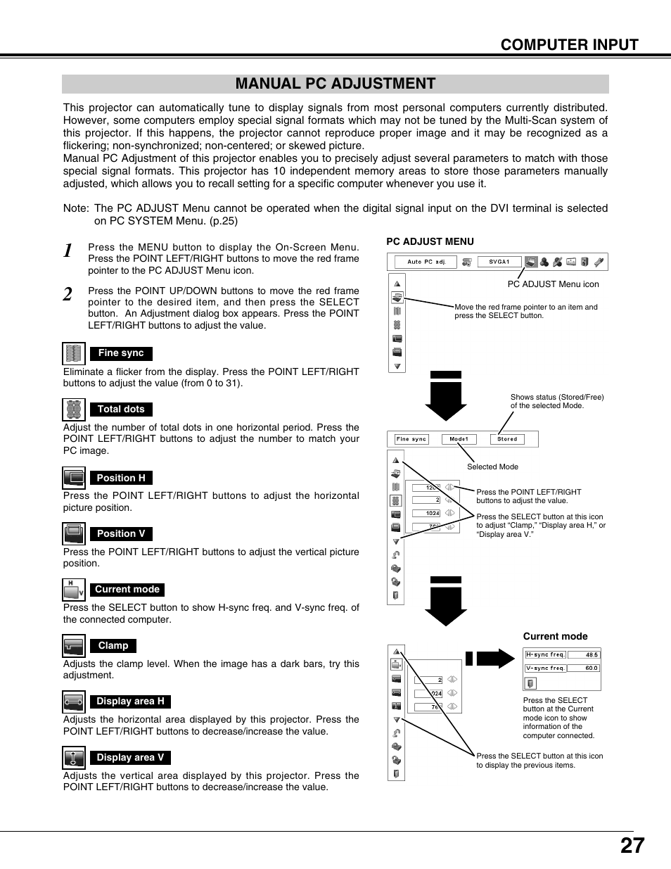 Manual pc adjustment, Computer input manual pc adjustment | Christie Digital Systems 103-008100-01 User Manual | Page 27 / 62