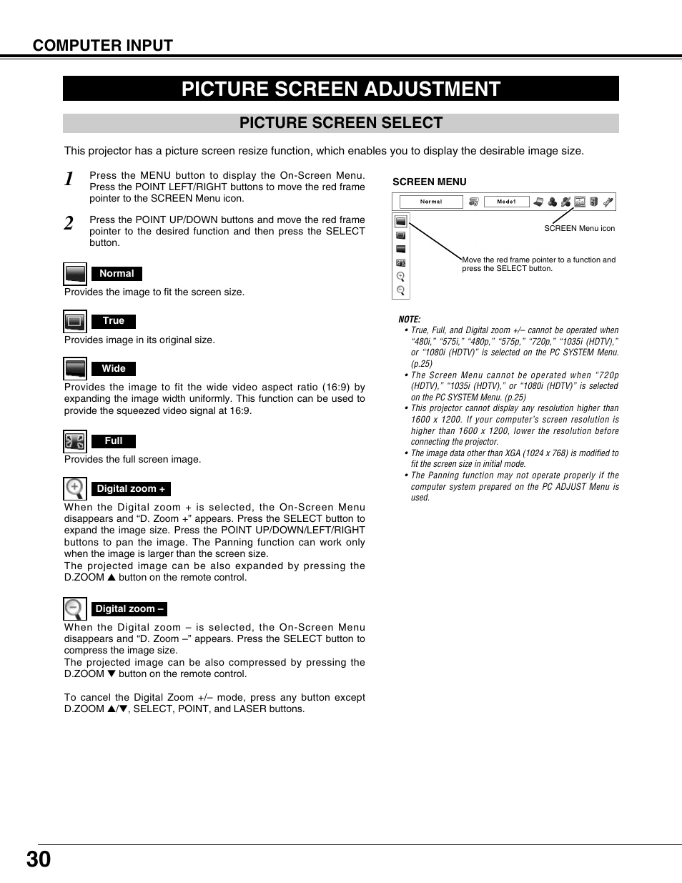 Picture screen adjustment, Picture screen select, Computer input | Christie Digital Systems 103-008100-01 User Manual | Page 30 / 62