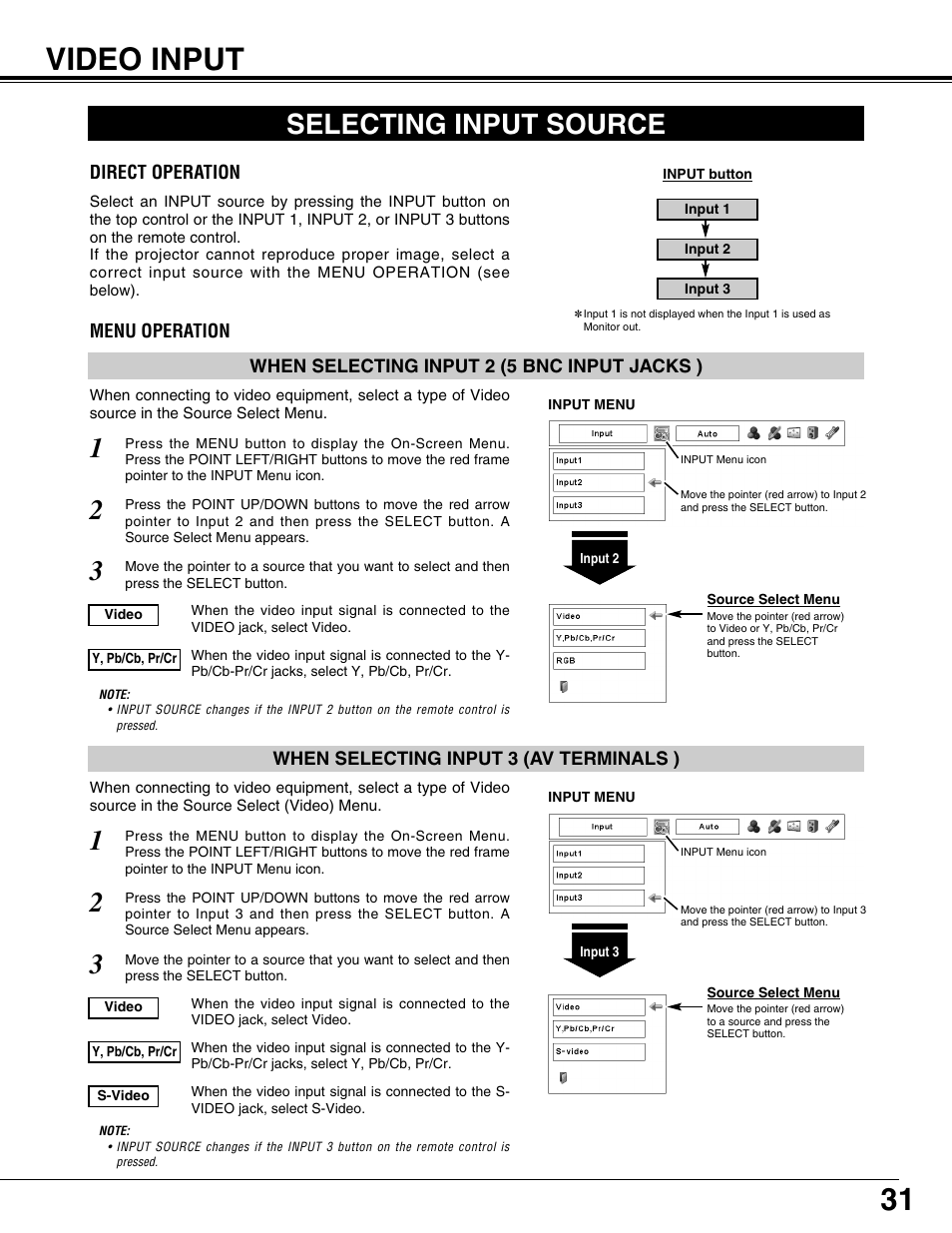 Video input, Selecting input source | Christie Digital Systems 103-008100-01 User Manual | Page 31 / 62