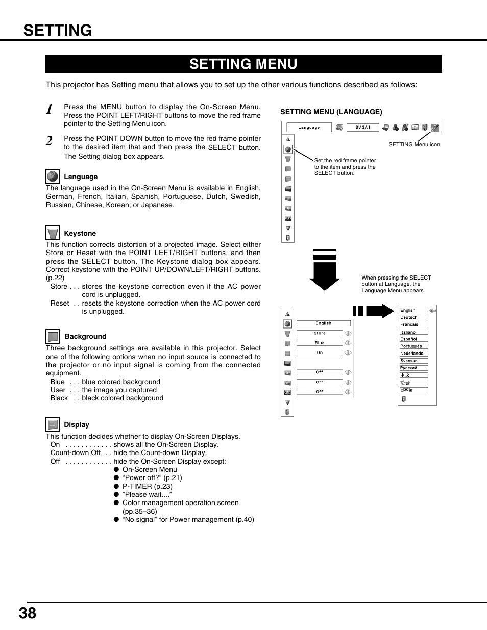 Setting, Setting menu | Christie Digital Systems 103-008100-01 User Manual | Page 38 / 62