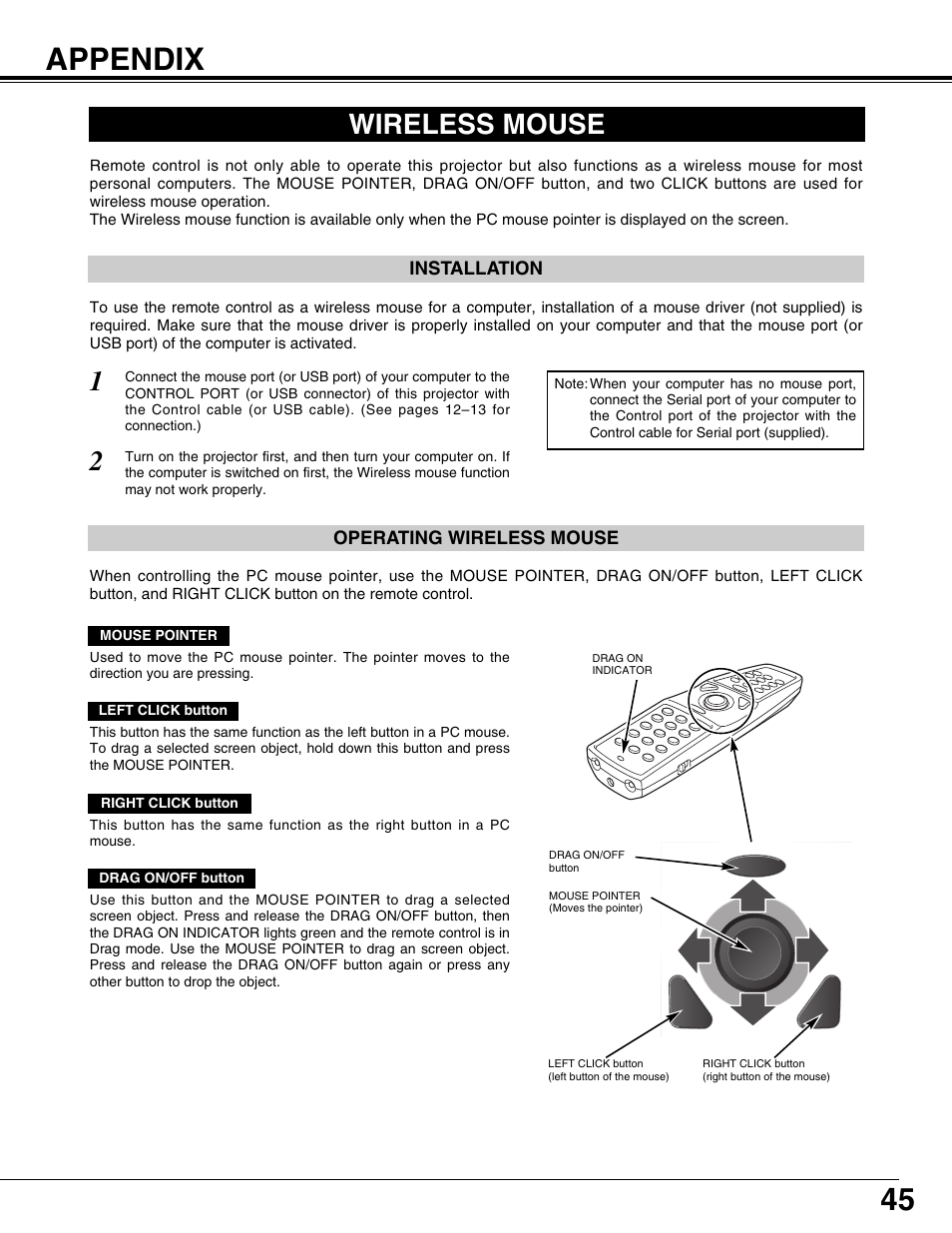 Appendix, Wireless mouse | Christie Digital Systems 103-008100-01 User Manual | Page 45 / 62
