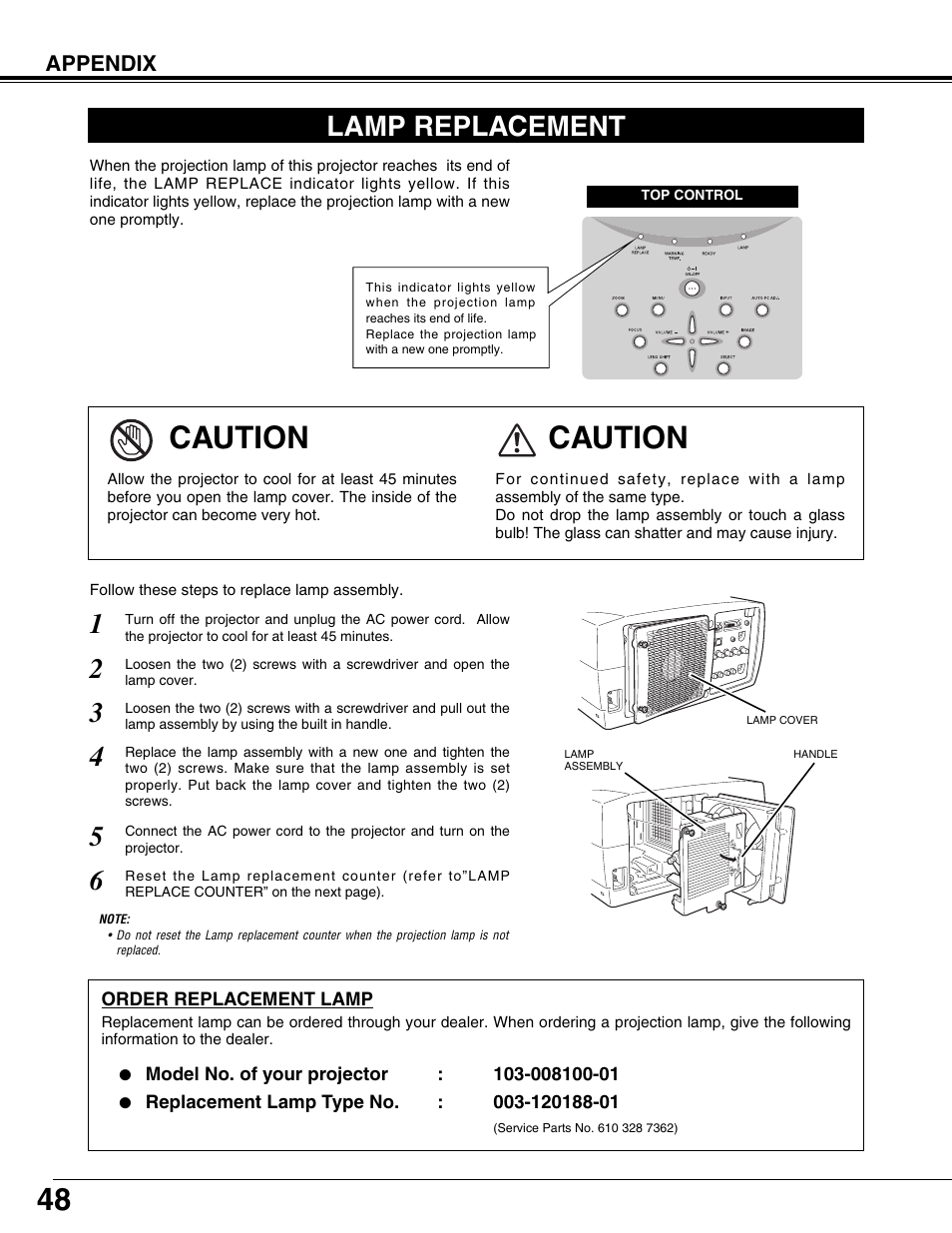 Lamp replacement, Caution | Christie Digital Systems 103-008100-01 User Manual | Page 48 / 62