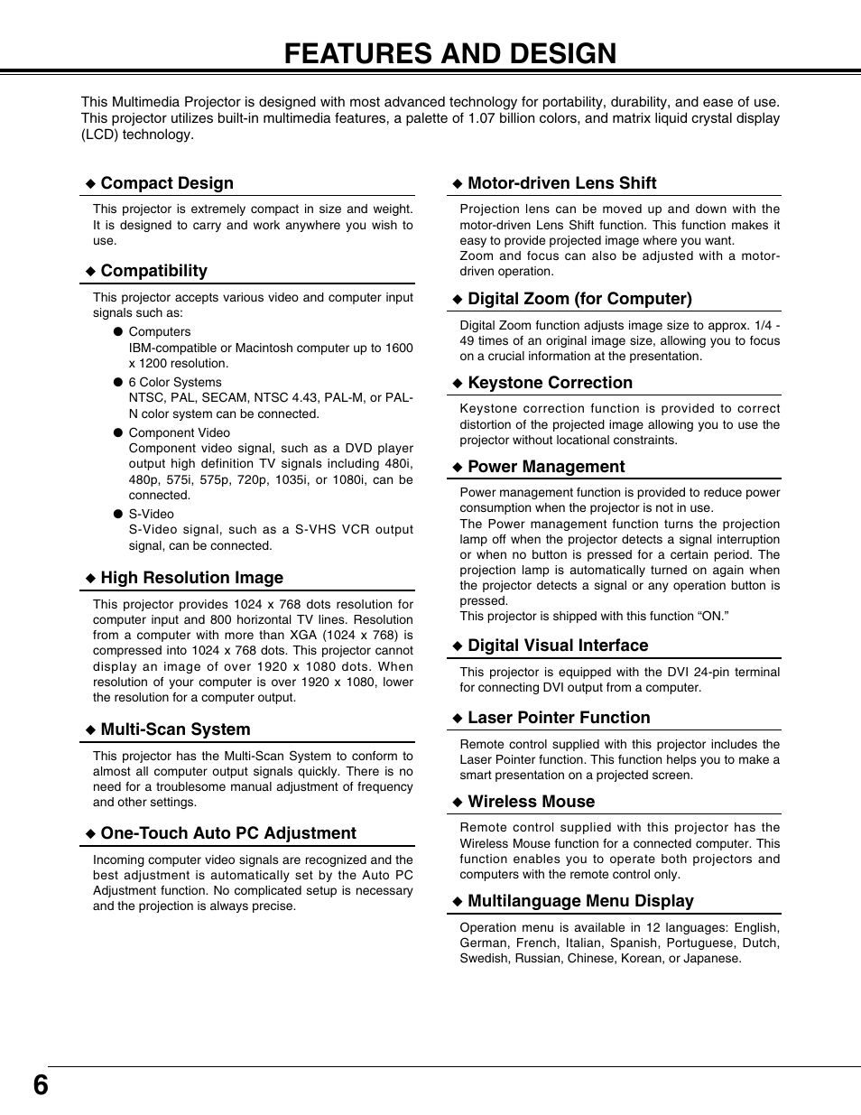 Features and design, 6features and design | Christie Digital Systems 103-008100-01 User Manual | Page 6 / 62
