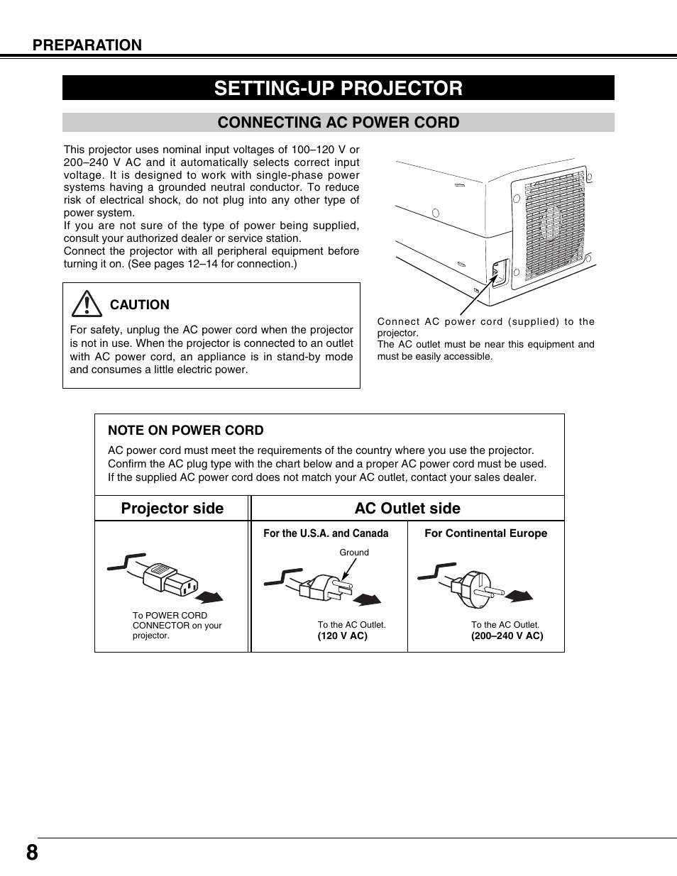 Setting-up projector, Connecting ac power cord, Preparation | Projector side ac outlet side | Christie Digital Systems 103-008100-01 User Manual | Page 8 / 62