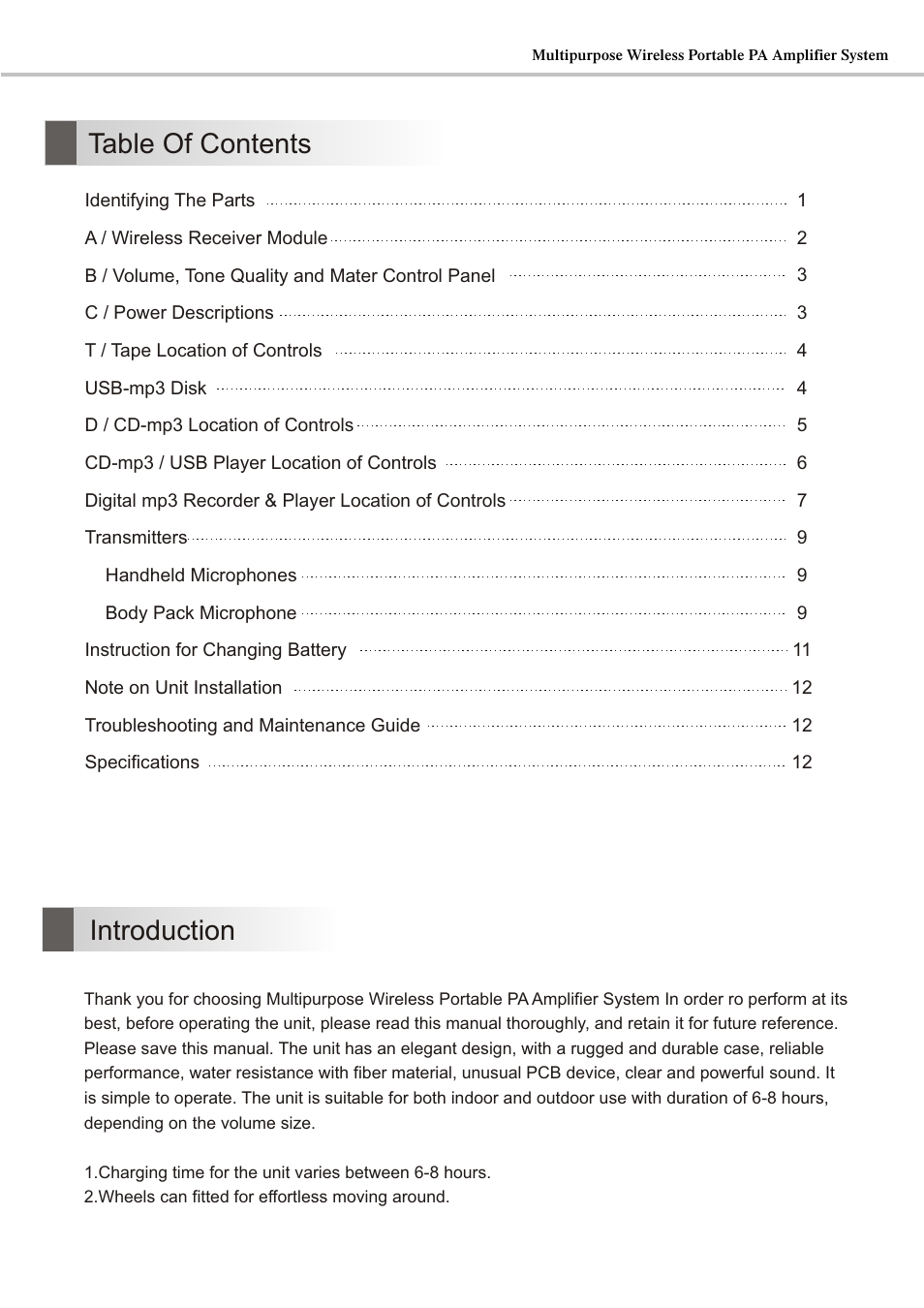 頁面 3, Table of contents introduction | SENRUN EP-2001-2001H User Manual | Page 3 / 16