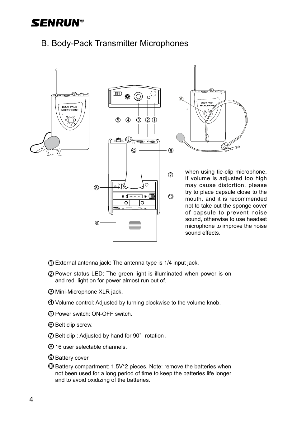 B. body-pack transmitter microphones | SENRUN EP-280 User Manual | Page 6 / 8
