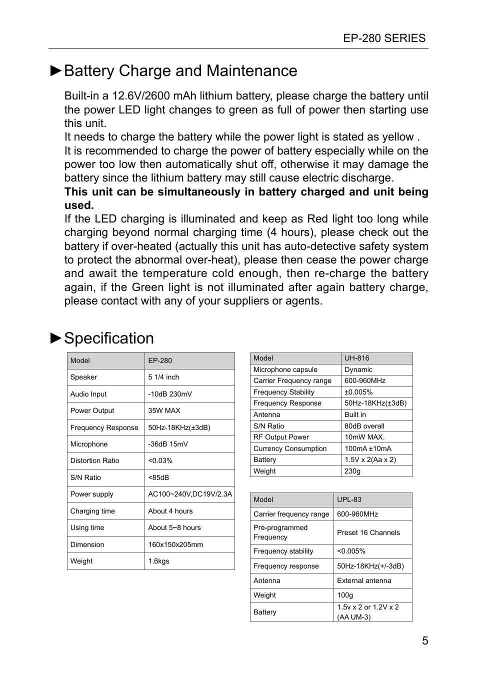 Battery charge and maintenance ►specification, Ep-280 series 5 | SENRUN EP-280 User Manual | Page 7 / 8