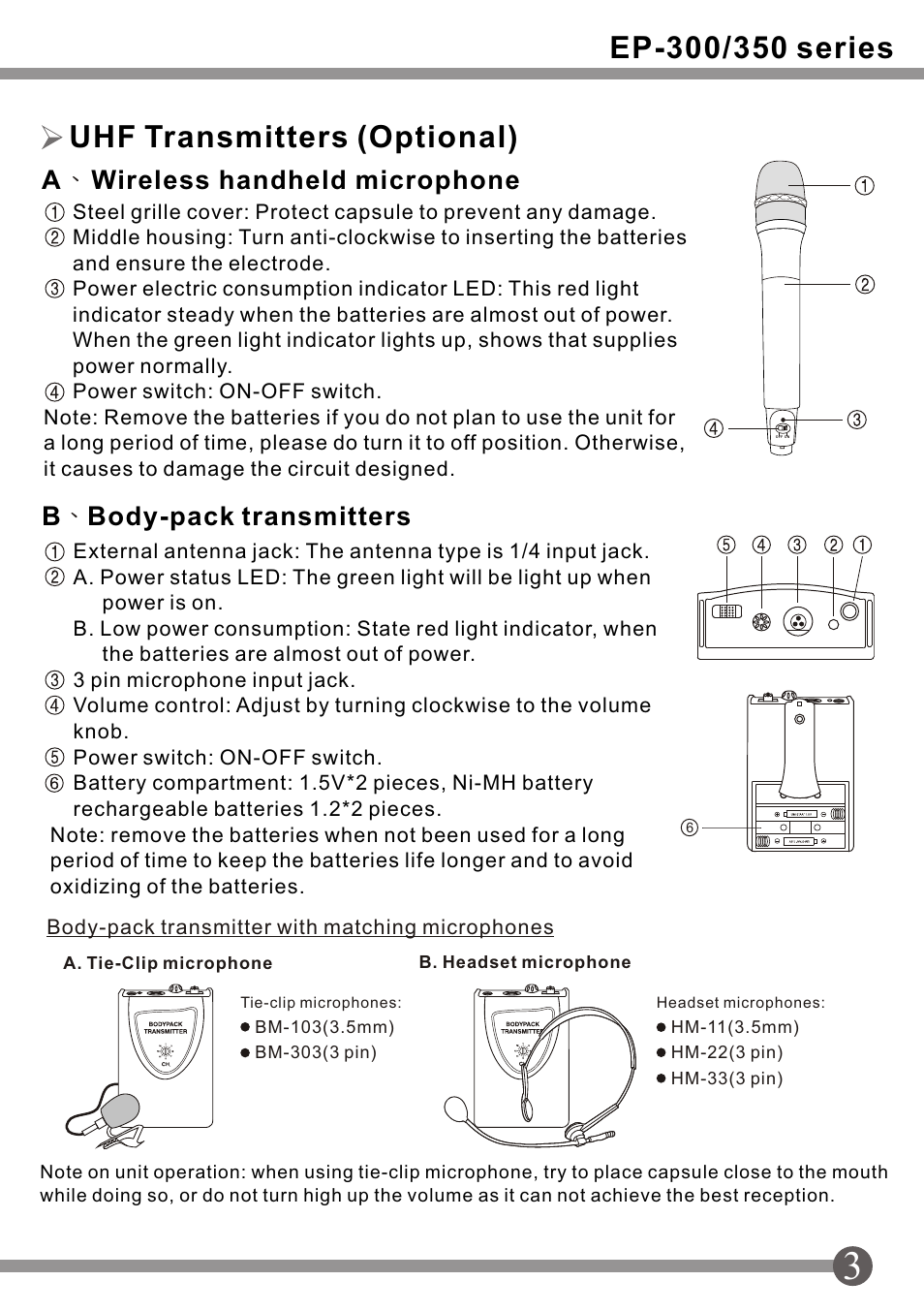 頁面 5, Operation and controls (uhf), Uhf transmitters (optional) | Wireless receiver module, Master controls, Usb disk, Awireless handheld microphone, Bbody-pack transmitters, 5mm audio input jack, 5mm mixer output jack | SENRUN EP-300-350 User Manual | Page 5 / 12