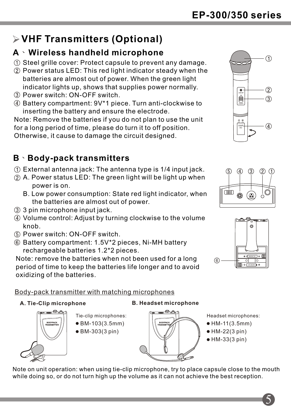 頁面 7, Operation and controls (vhf), Vhf transmitters (optional) | Wireless receiver module b, Master controls, Awireless handheld microphone, Bbody-pack transmitters, 5mm mixer output jack | SENRUN EP-300-350 User Manual | Page 7 / 12