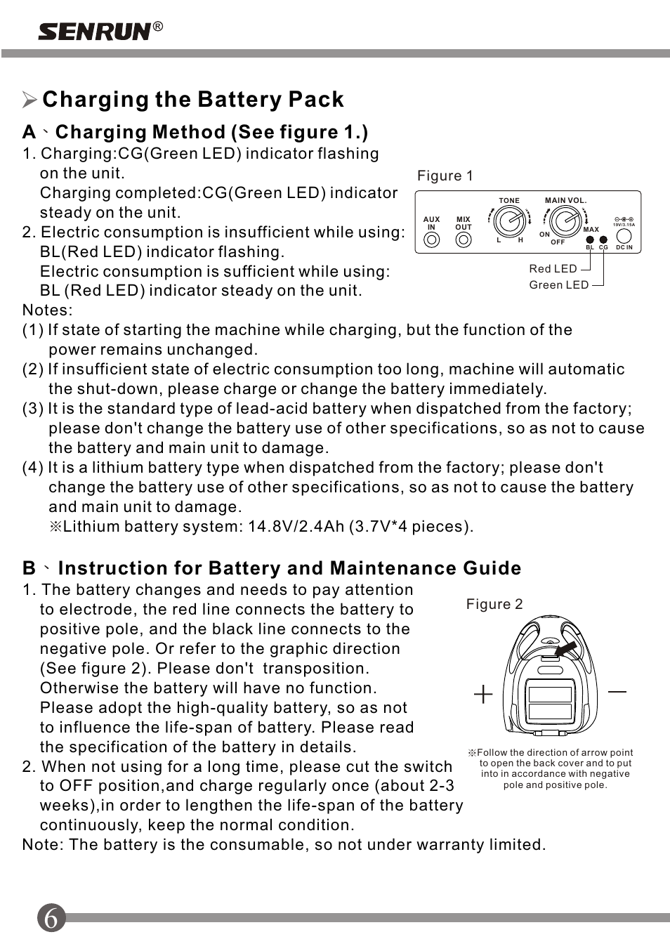 頁面 8, Charging the battery pack, Acharging method (see figure 1.) | Binstruction for battery and maintenance guide | SENRUN EP-300-350 User Manual | Page 8 / 12