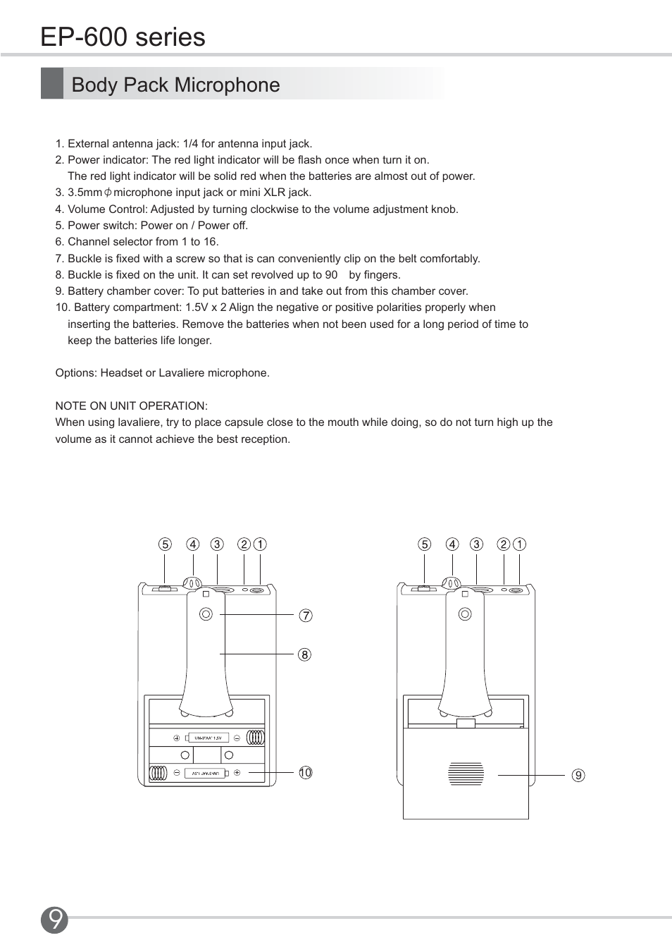 Ep-600 series, Body pack microphone | SENRUN EP-600 User Manual | Page 12 / 16