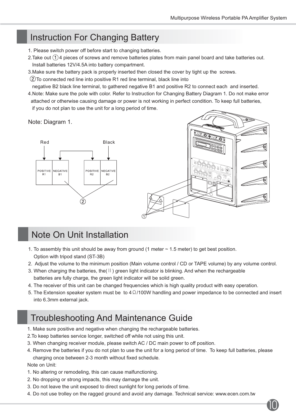 Troubleshooting and maintenance guide, Multipurpose wireless portable pa amplifier system | SENRUN EP-600 User Manual | Page 13 / 16