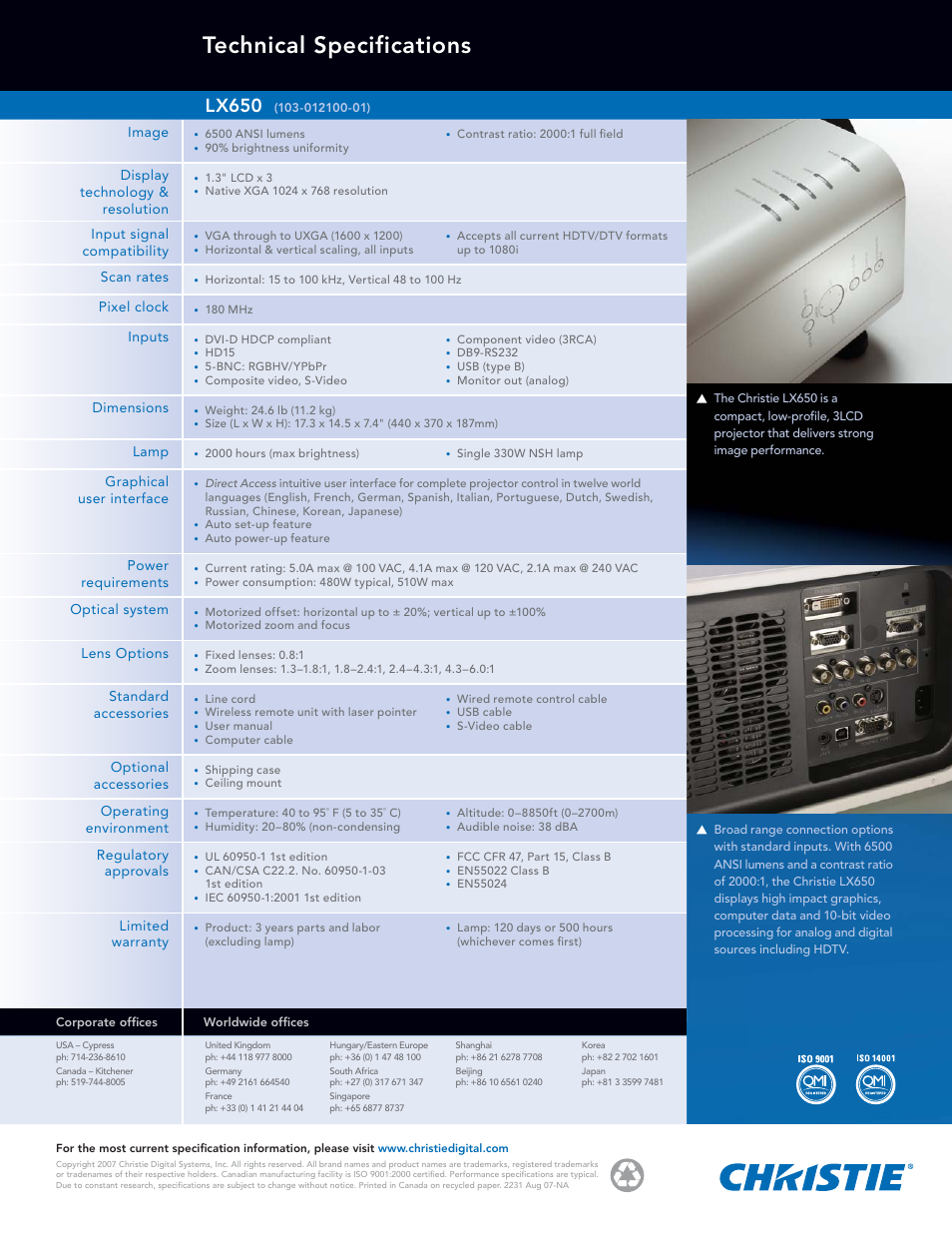 Technical specifications, Lx650 | Christie Digital Systems Christie LX650 User Manual | Page 2 / 2