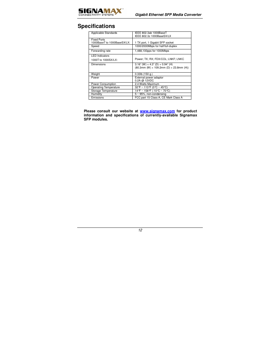 Specifications | Signamax 1000BaseT/SX/LX to 1000BaseSX/LX Converters User Manual | Page 12 / 13