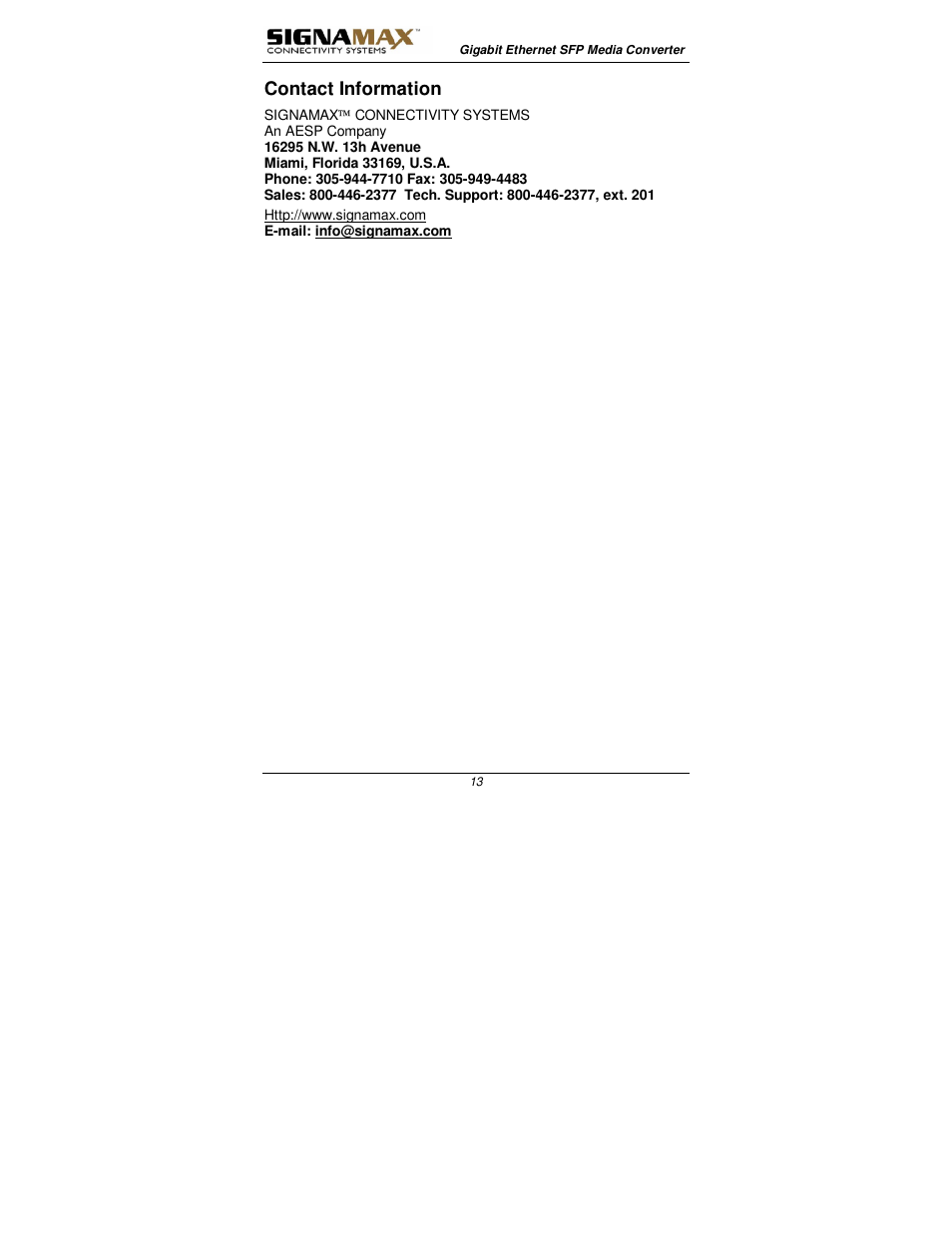 Contact information | Signamax 1000BaseT/SX/LX to 1000BaseSX/LX Converters User Manual | Page 13 / 13