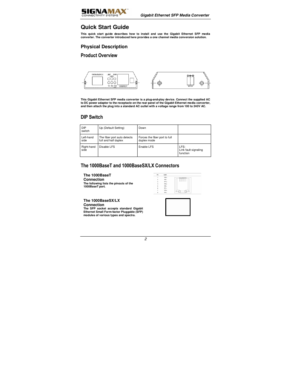 Quick start guide, Product overview, Dip switch | Physical description | Signamax 1000BaseT/SX/LX to 1000BaseSX/LX Converters User Manual | Page 2 / 13