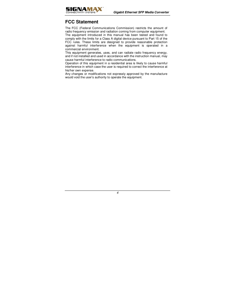 Fcc statement | Signamax 1000BaseT/SX/LX to 1000BaseSX/LX Converters User Manual | Page 4 / 13