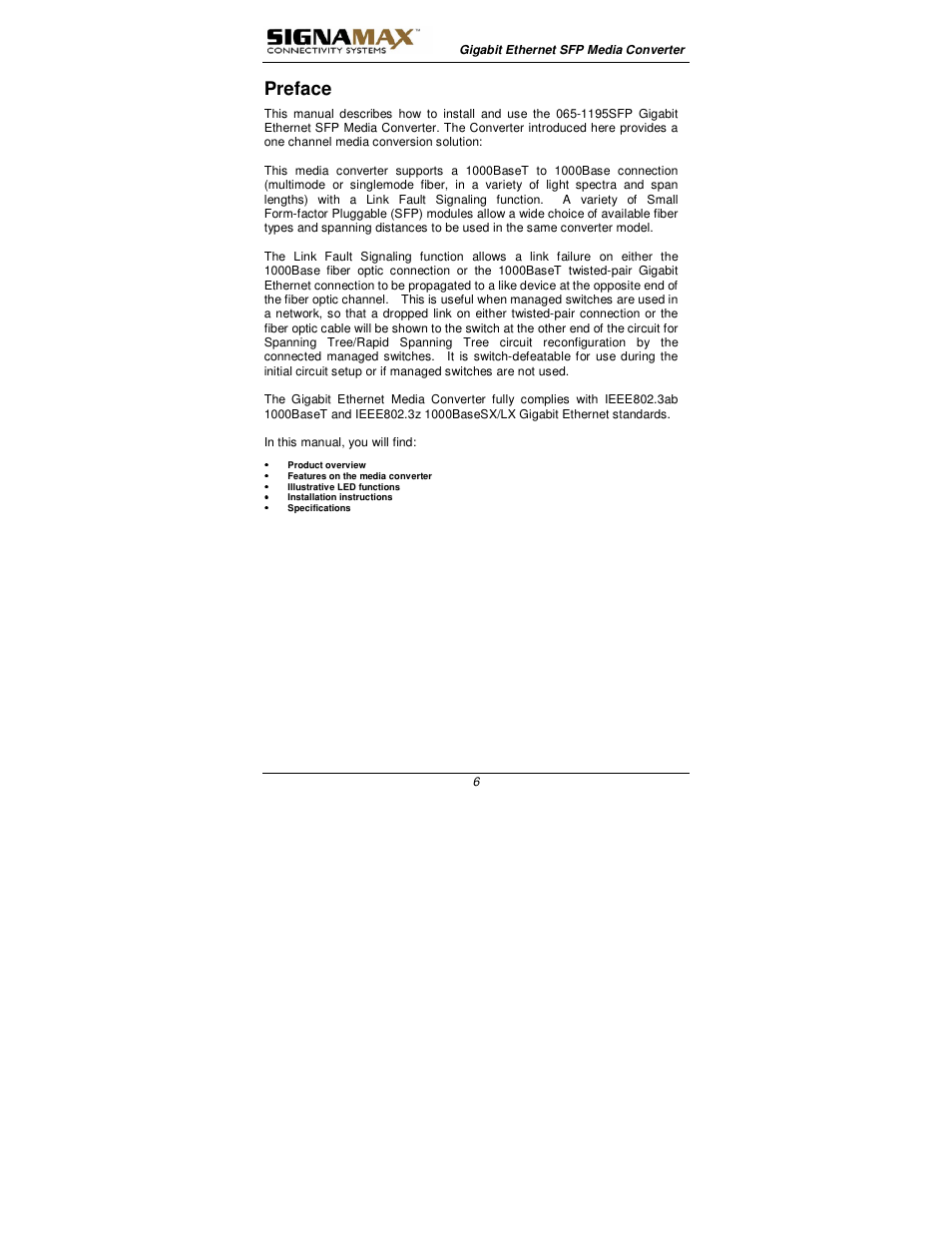 Preface | Signamax 1000BaseT/SX/LX to 1000BaseSX/LX Converters User Manual | Page 6 / 13