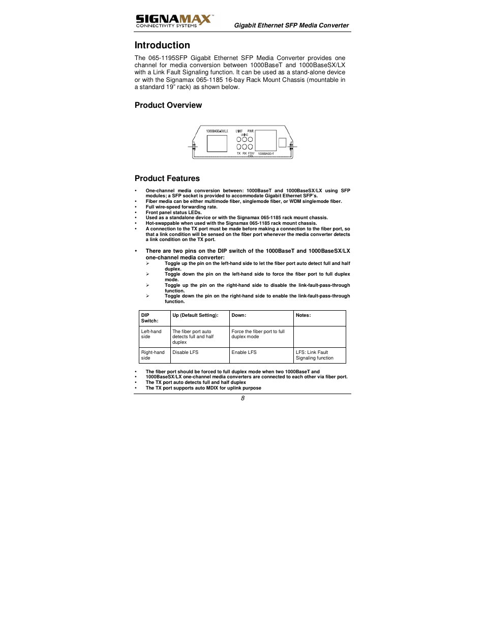 Introduction, Product overview, Product features | Signamax 1000BaseT/SX/LX to 1000BaseSX/LX Converters User Manual | Page 8 / 13
