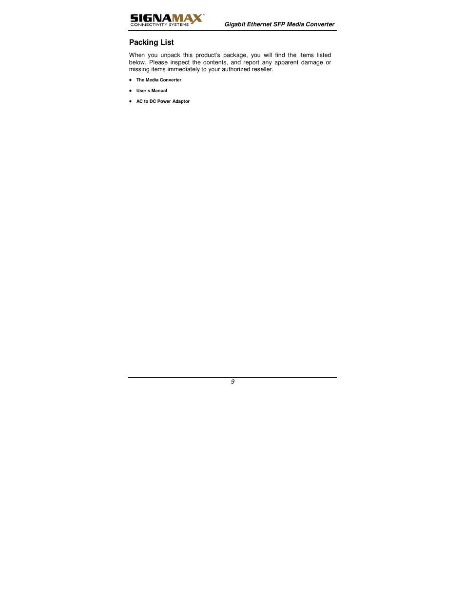 Packing list | Signamax 1000BaseT/SX/LX to 1000BaseSX/LX Converters User Manual | Page 9 / 13