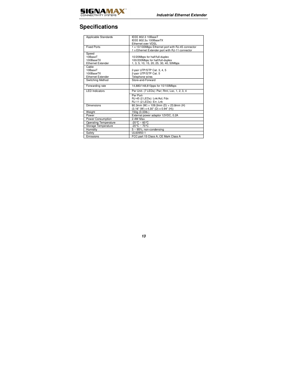 Specifications | Signamax 10/100BaseT/TX Ethernet Extender Media Converter User Manual | Page 13 / 14