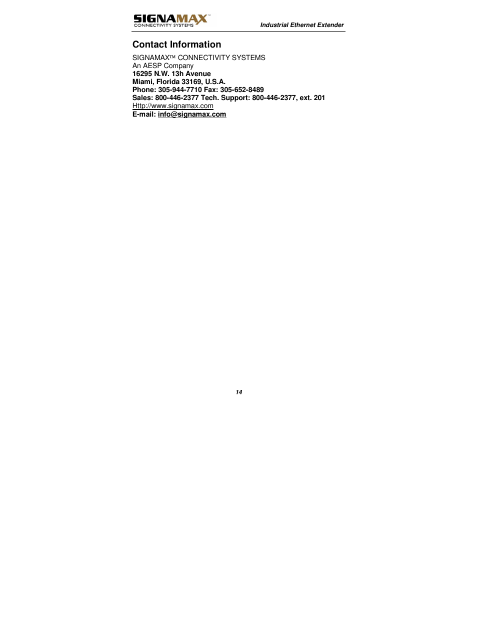 Contact information | Signamax 10/100BaseT/TX Ethernet Extender Media Converter User Manual | Page 14 / 14