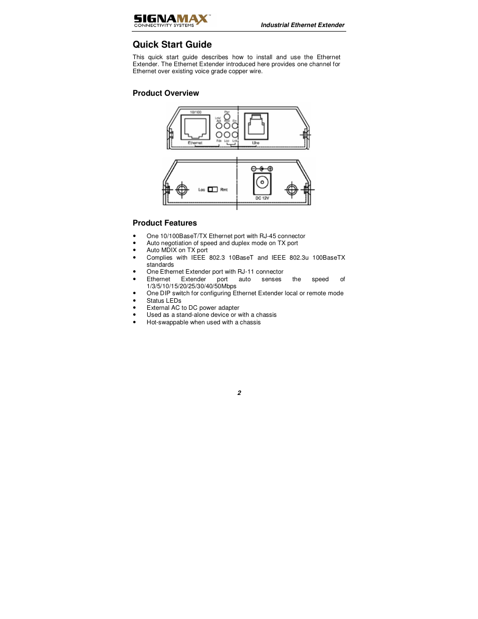 Quick start guide | Signamax 10/100BaseT/TX Ethernet Extender Media Converter User Manual | Page 2 / 14