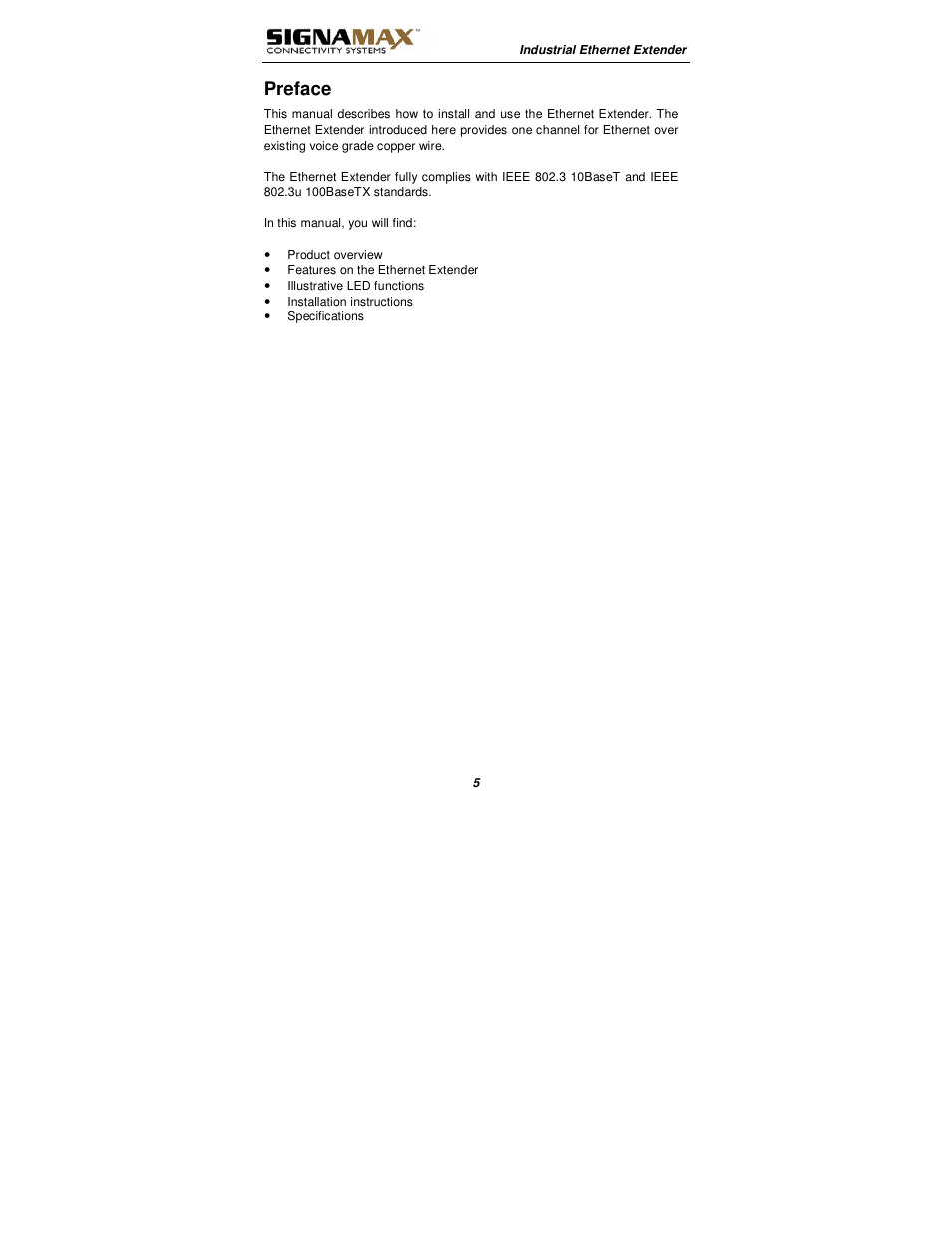 Preface | Signamax 10/100BaseT/TX Ethernet Extender Media Converter User Manual | Page 5 / 14