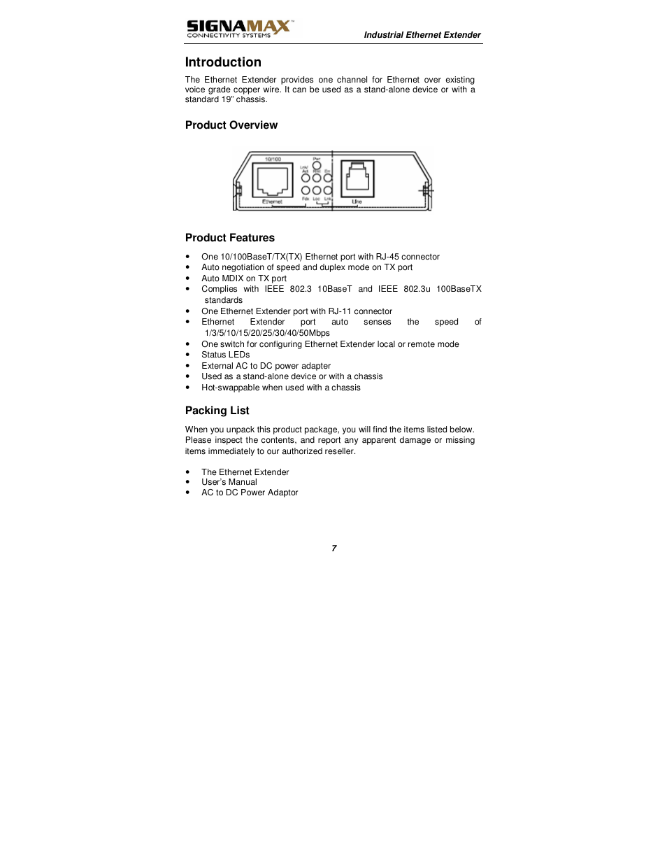 Introduction | Signamax 10/100BaseT/TX Ethernet Extender Media Converter User Manual | Page 7 / 14