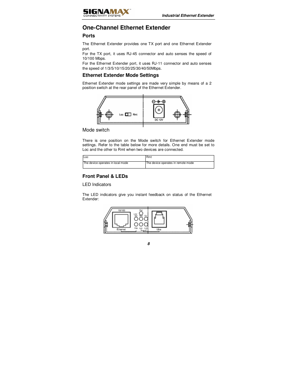 One-channel ethernet extender | Signamax 10/100BaseT/TX Ethernet Extender Media Converter User Manual | Page 8 / 14