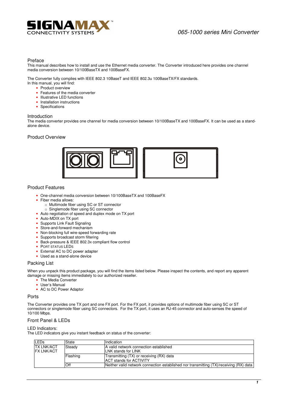 Signamax 10/100BaseT/TX To 100BaseFX Mini Converters User Manual | 2 pages