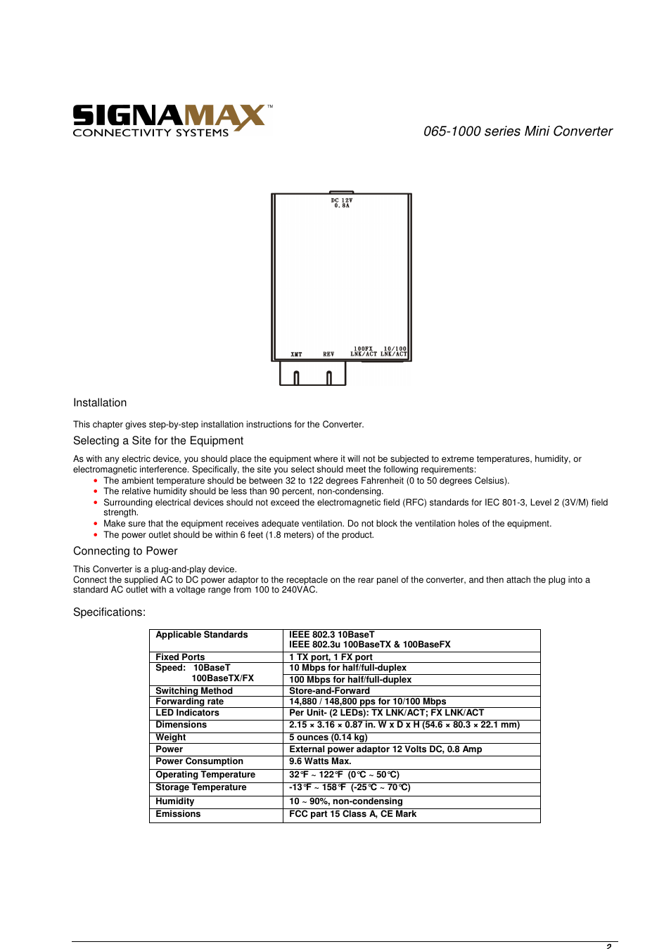 1000 series mini converter | Signamax 10/100BaseT/TX To 100BaseFX Mini Converters User Manual | Page 2 / 2