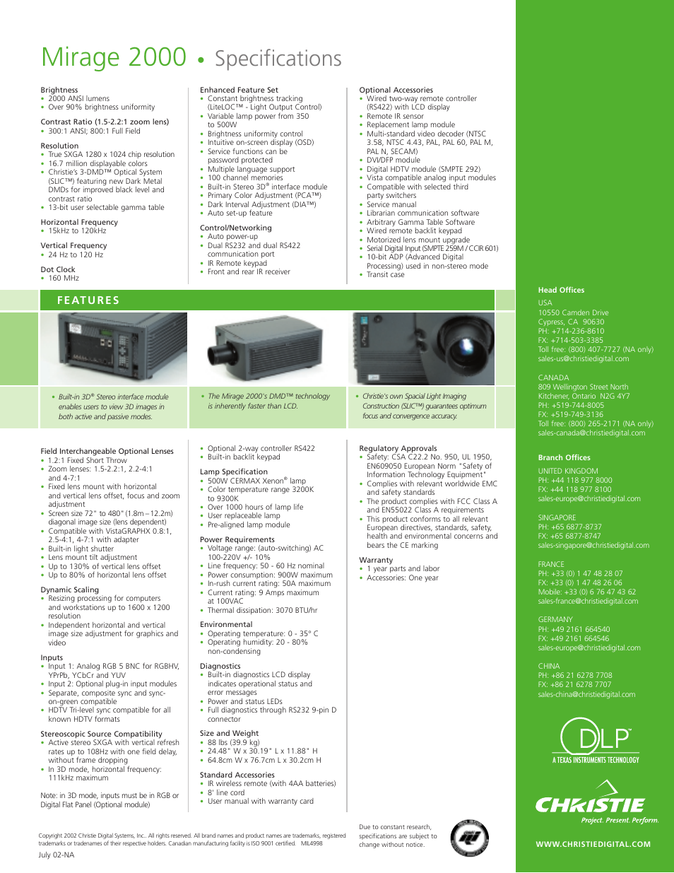 Mirage 2000, Specifications | Christie Digital Systems Mirage 2000 User Manual | Page 2 / 2