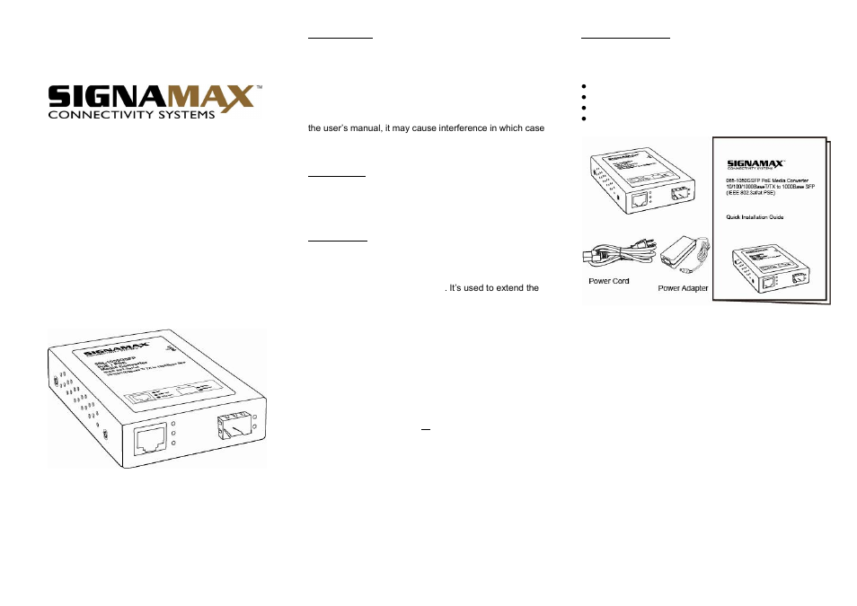 Signamax 10/100/1000BaseT/TX to 1000Base SFP PoE/PoE+ Converter User Manual | 2 pages