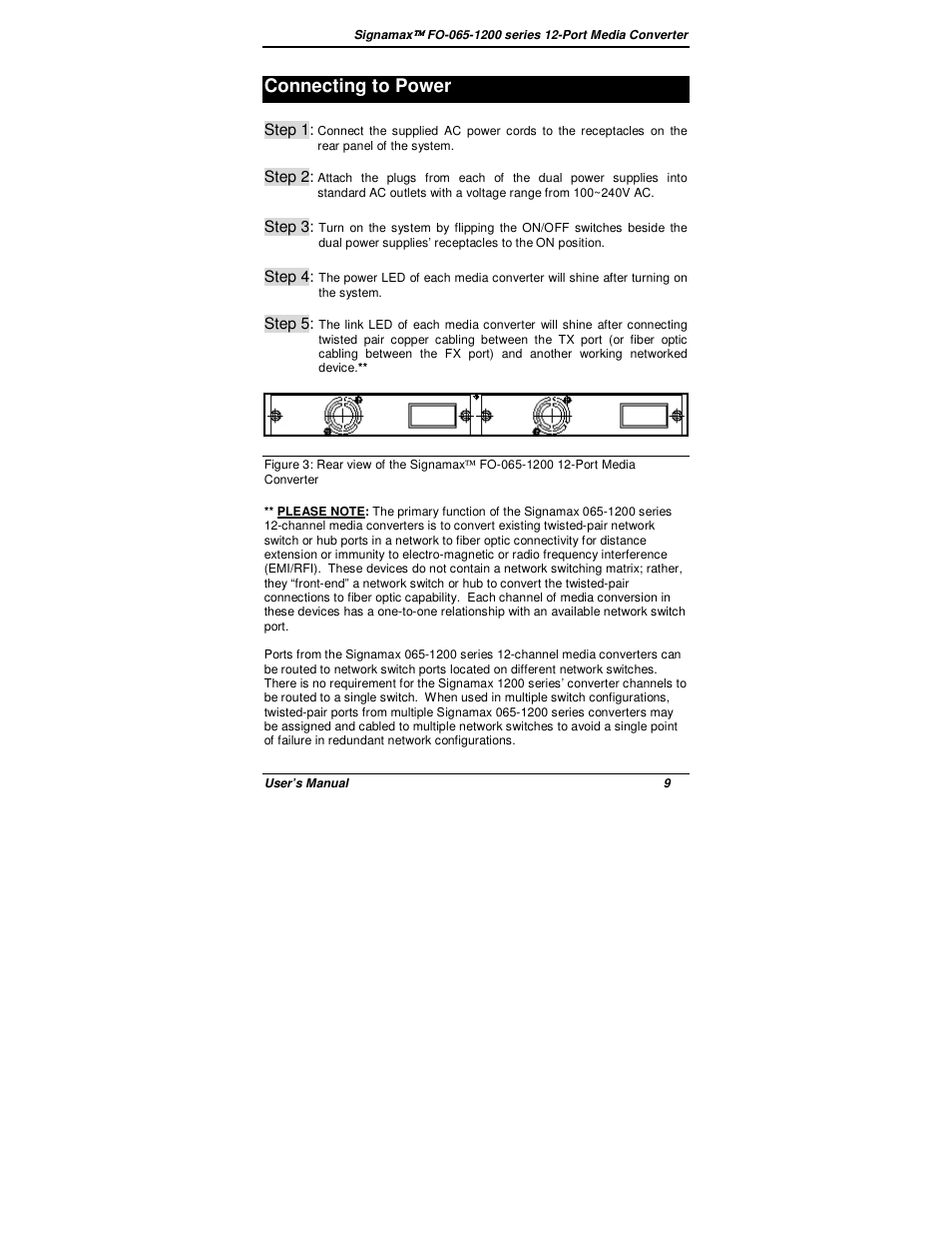 Connecting to power | Signamax 12-Channel 100BaseFX Rack Mount Компьютерные Аксессуары User Manual | Page 11 / 14