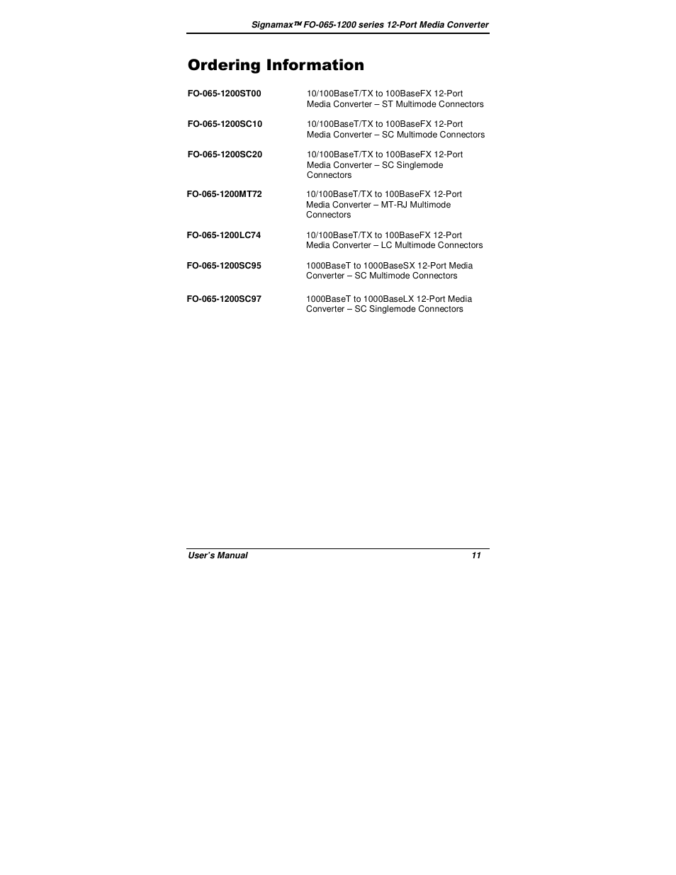 Ordering information | Signamax 12-Channel 100BaseFX Rack Mount Компьютерные Аксессуары User Manual | Page 13 / 14