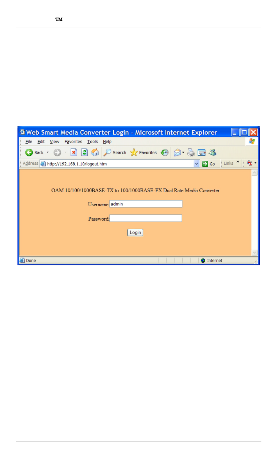 System configuration, Logging on to the media converter, Ystem | Onfiguration, Ogging on to the, Edia, Onverter | Signamax 10/100/1000BaseT/TX to 100/1000Base SFP OAM Managed Switching Media Converter User Manual | Page 12 / 38