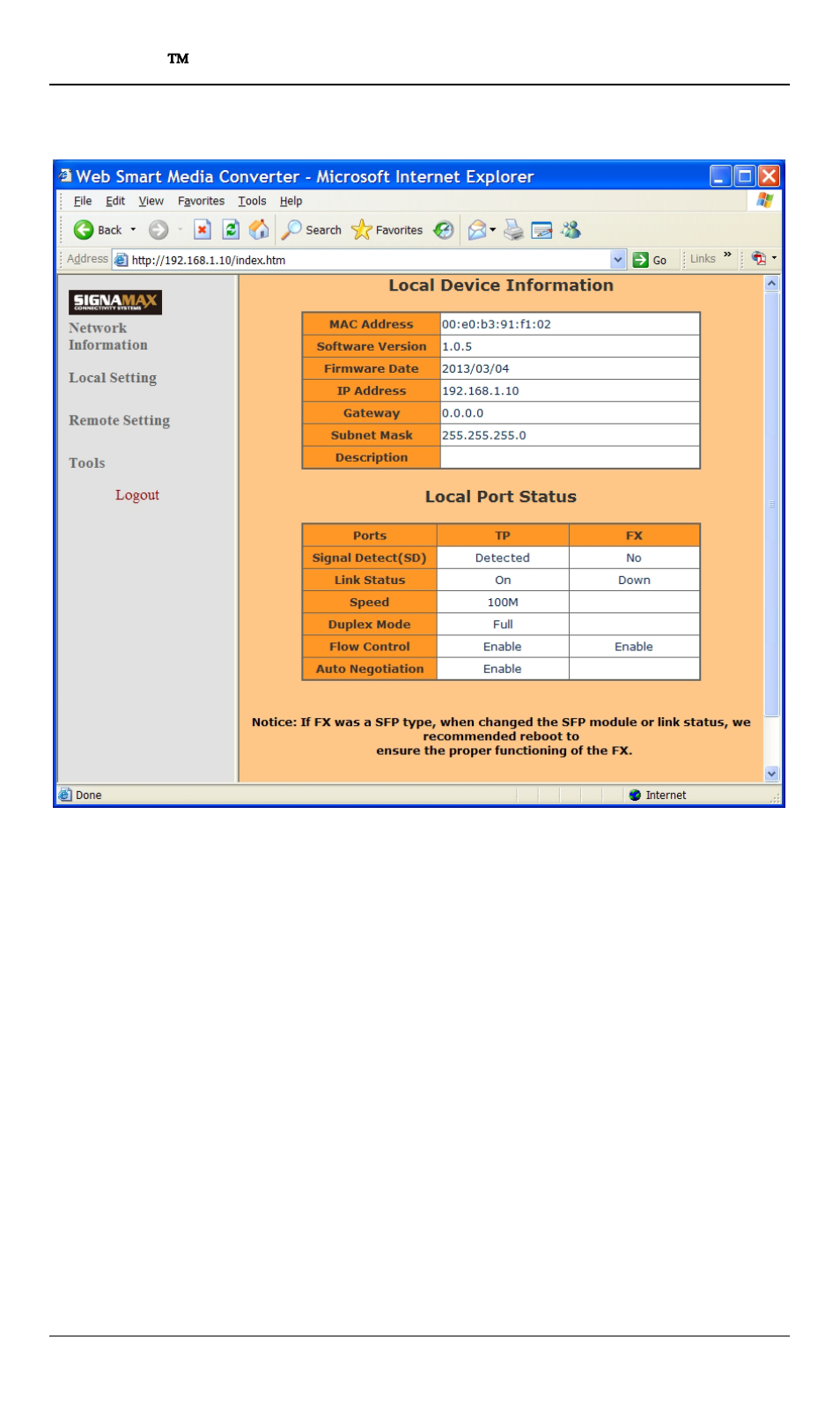 Network information, Etwork, Nformation | Signamax 10/100/1000BaseT/TX to 100/1000Base SFP OAM Managed Switching Media Converter User Manual | Page 14 / 38